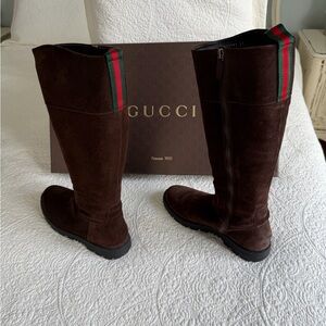 Gucci Dark Brown Suede Boots with Green and Red Stripe